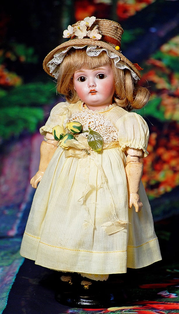 PETITE GERMAN BISQUE DOLL BY KESTNER WITH SQUARE-CUT TEETH. 10”. Marks: D. made in Germany: PETITE GERMAN BISQUE DOLL BY KESTNER WITH SQUARE-CUT TEETH. 10”. Marks: D. made in Germany 1, 174. Bisque socket head, brown sleep eyes, painted lashes, feathered brows, open mouth, accented lip
