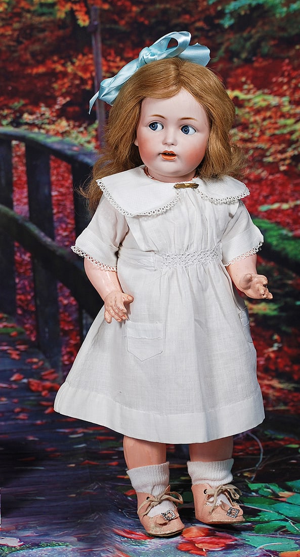 GERMAN BISQUE FLIRTY-EYED CHARACTER BY KESTNER. 17”. Marks: Made in Germany JDK 257.: GERMAN BISQUE FLIRTY-EYED CHARACTER BY KESTNER. 17”. Marks: Made in Germany JDK 257. Bisque socket head, blue flirty and sleep eyes, painted lashes, feathered brows, open mouth, accented lips, t