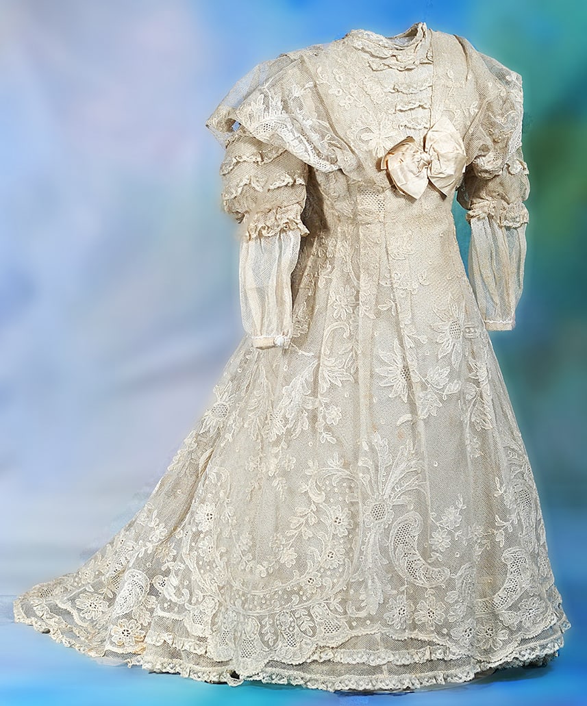 BEAUTIFUL ANTIQUE LACE AND SILK GOWN FOR LARGE DOLLS.  Ivory, elaborately-patterned lace gown under (1 of 1)
