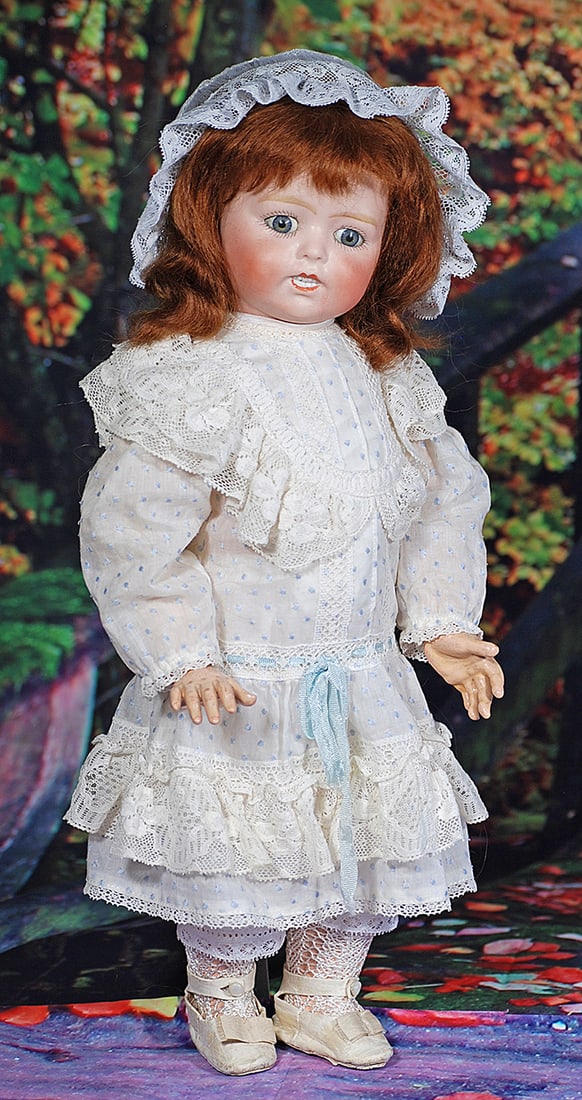 FRENCH BISQUE CHARACTER BY LANTERNIER. 16”. Bisque socket head, stationary blue glass eyes,: FRENCH BISQUE CHARACTER BY LANTERNIER. 16”. Bisque socket head, stationary blue glass eyes, painted lashes, feathered brows, open mouth with upper and lower row of tiny porcelain teeth, brown mo