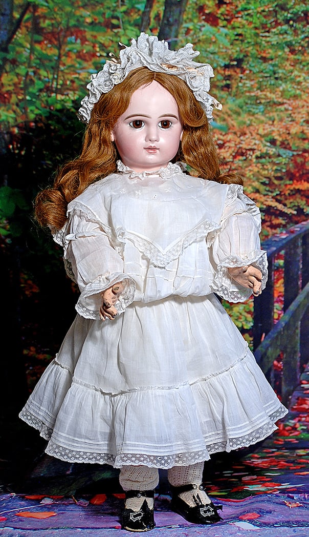 BEAUTIFUL BROWN-EYED FRENCH BISQUE JUMEAU BEBE.  24”.  Marks: Tete Jumeau Depose Bte SGDG 11. (1 of 2)