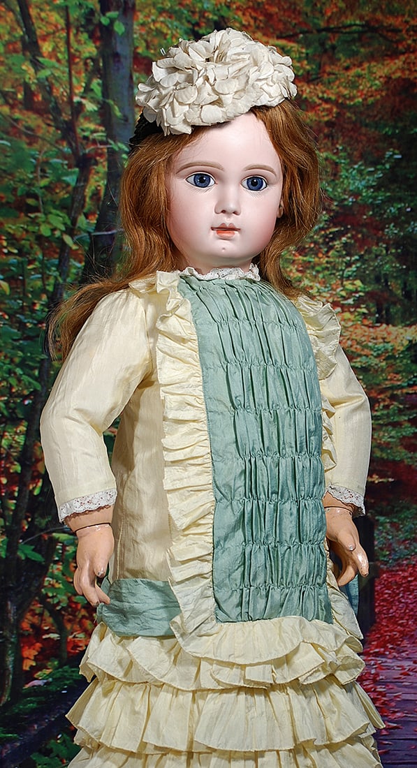 LARGE FRENCH BISQUE INCISED BEBE BY JUMEAU.  30”.  Marks: Depose Jumeau 14.  Bisque socket (1 of 2)