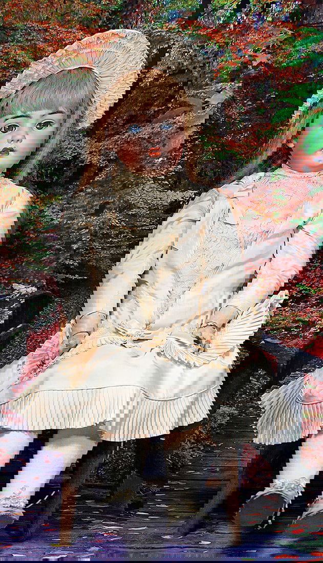 GRAND SIZE GERMAN BISQUE CHILD BY SIMON AND HALBIG. 36”. Marks: S & H 1078. Bisque socket: GRAND SIZE GERMAN BISQUE CHILD BY SIMON AND HALBIG. 36”. Marks: S & H 1078. Bisque socket head, blue sleep eyes, painted and applied lashes, molded and feathered brows, pierced ears, open mouth,