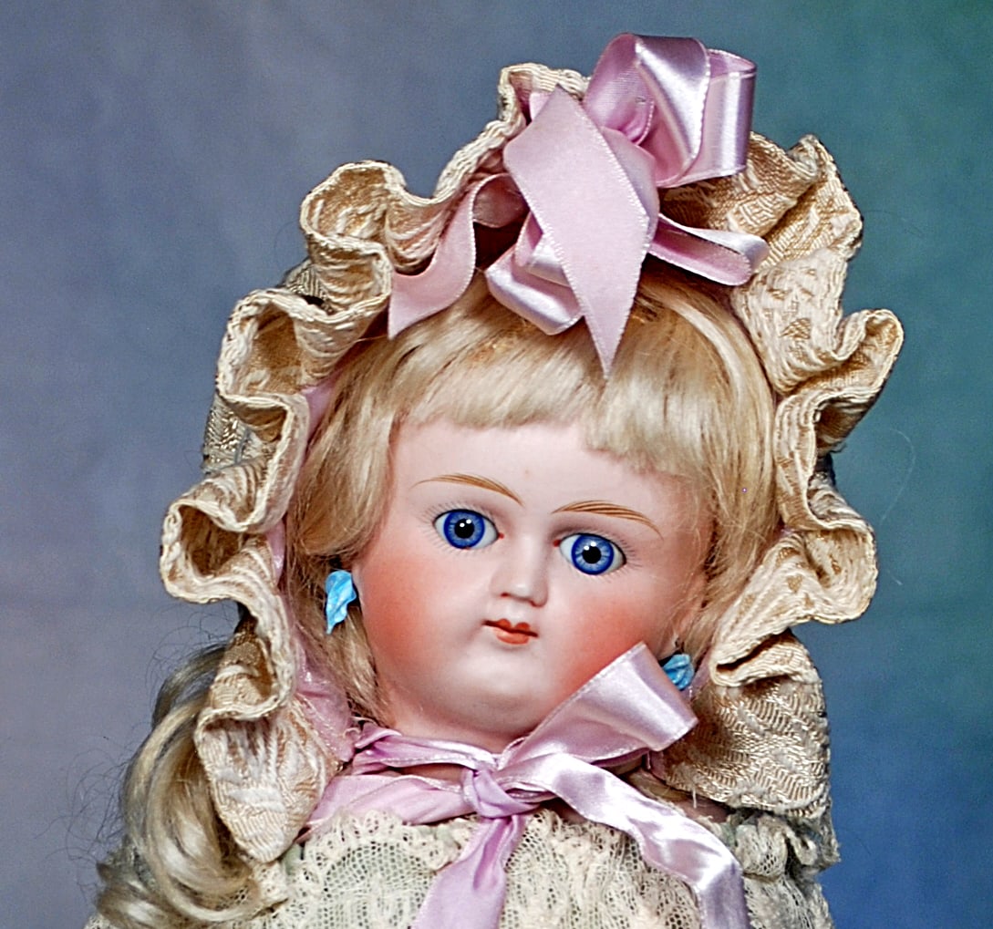 GERMAN BISQUE CLOSED-MOUTH DOLL BY KESTNER.  18”.  Marks:  None visible.  Bisque swivel head (1 of 2)