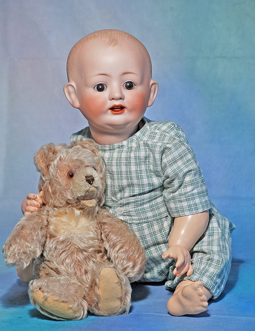 FRANZ SCHMIDT CHARACTER BABY WITH STEIFF TEDDY BEAR. Marks: F.S. & C 1272. 18”. Bisque: FRANZ SCHMIDT CHARACTER BABY WITH STEIFF TEDDY BEAR. Marks: F.S. & C 1272. 18”. Bisque solid-dome socket head with painted hair, big brown sleep eyes, painted lashes, feathered brows, open mouth