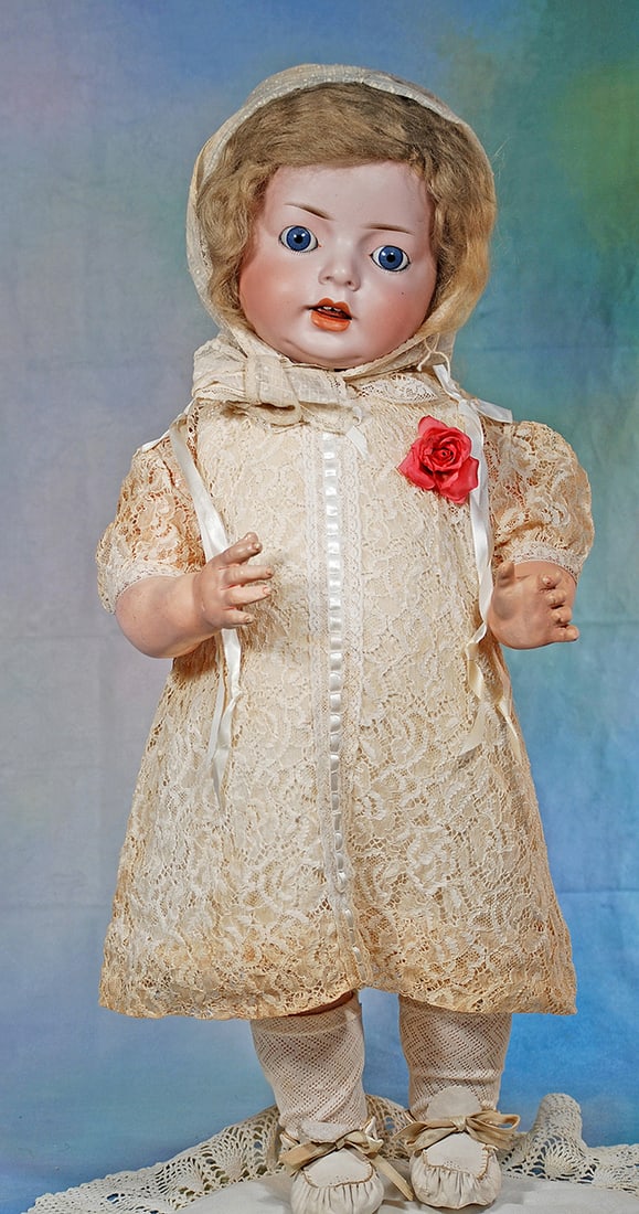 LARGE GERMAN BISQUE “HANNA” TODDLER BY SCHOENAU AND HOFFEMEISTER. 24”. Marks: S: LARGE GERMAN BISQUE “HANNA” TODDLER BY SCHOENAU AND HOFFEMEISTER. 24”. Marks: S PB H, star, Hanna 9. Bisque socket head, plump rounded face, stationary blue glass eyes, painted lower