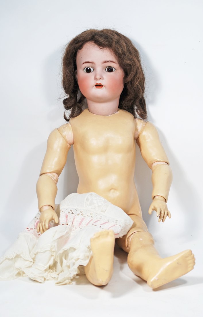 LARGE GERMAN BISQUE DOLL BY KAMMER AND REINHARDT.: 14. LARGE GERMAN BISQUE DOLL BY KAMMER AND REINHARDT. 32”. Mark: K * R/ Simon & Halbig. Bisque socket head, brown sleep eyes, painted lashes, feathered brows, pierced ears, open mouth, upper tee