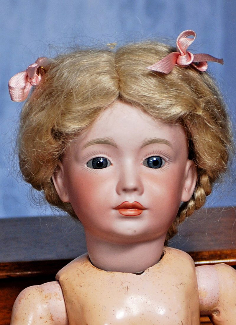 RARE BRUNO SCHMIDT DOLL, 2033, KNOWN AS WENDY: 64-A. RARE BRUNO SCHMIDT DOLL, 2033, KNOWN AS WENDY. 14”. Marks: 2033 BSW (in heart) 537. Bisque socket head, blue stationary glass eyes, painted lashes, feathered brows, closed mouth with full
