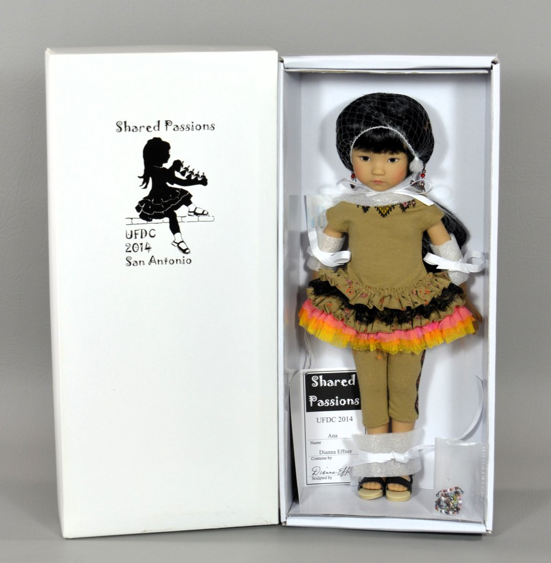 NATIVE AMERICAN PORTRAIT DOLL FOR U.F.D.C. CONVENTION IN SAN ANTONIO.: 81. NATIVE AMERICAN PORTRAIT DOLL FOR U.F.D.C. CONVENTION IN SAN ANTONIO. 12”. Hard plastic doll depicting Native American Girl, mint-in-box. Estimate: $50/150