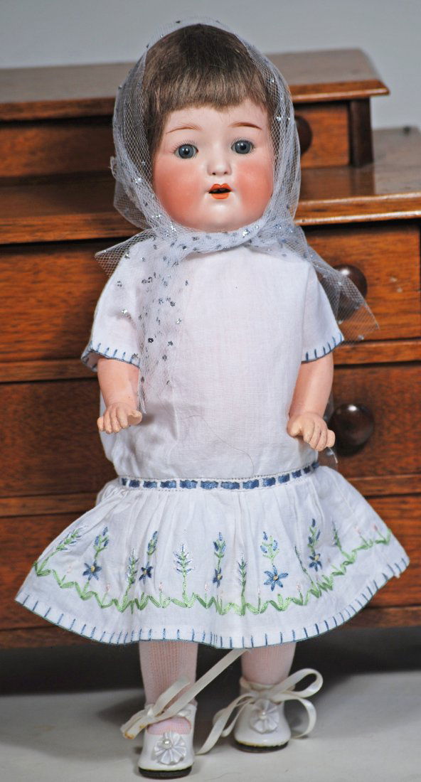 GERMAN BISQUE CHARACTER BY E. HEUBACH: 94. GERMAN BISQUE CHARACTER BY E. HEUBACH. 12”. Marks: Heubach Kopplesdorf 320. Bisque socket head, blue sleep eyes, painted lashes, tapered brows, breather nostrils, open mouth, upper teeth, or