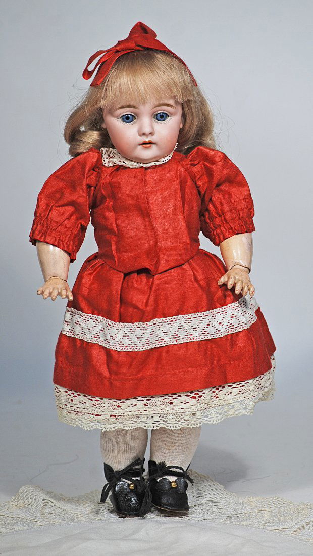 GERMAN BISQUE CHILD, 143, BY KESTNER: 95. GERMAN BISQUE CHILD, 143, BY KESTNER. Marks: C made in Germany 7, 143. 13”. Bisque socket head, blue sleep eyes, painted lashes, feathered brows, open mouth, accented lips, upper teeth, blon