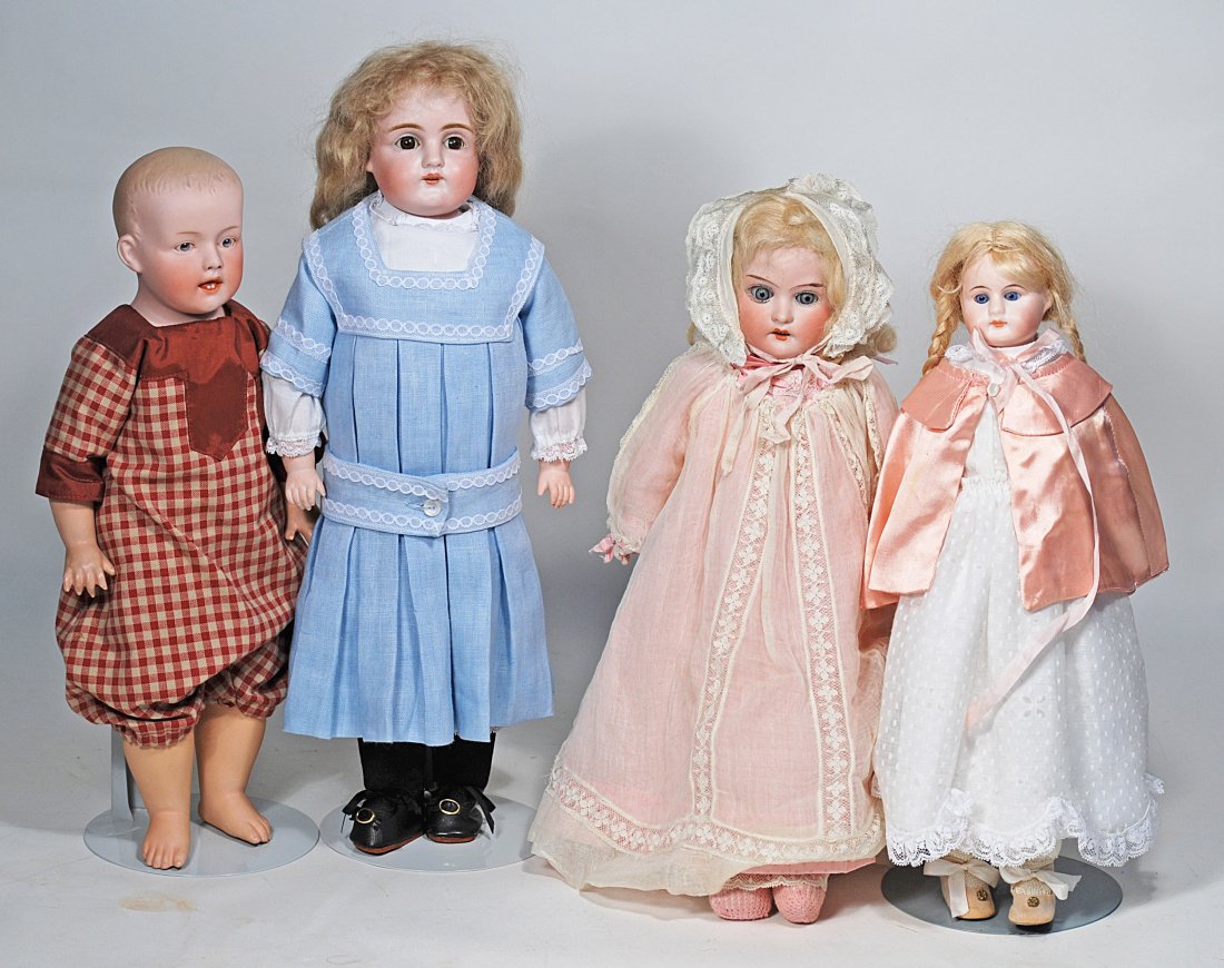 FOUR GERMAN BISQUE SHOULDER HEAD DOLLS.: 111. FOUR GERMAN BISQUE SHOULDER HEAD DOLLS. 13” to 15”. Includes: Kestner child 154 with mohair wig, sleep eyes , original body; doll by Peter Scherf with mohair wig, sleep eyes, original