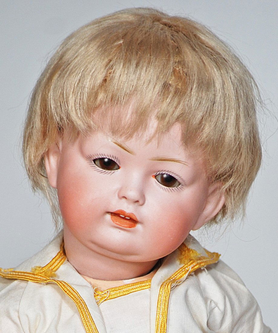 GERMAN BISQUE CHARACTER BOY, 604, BY BAHR PROSCHILD.: 119. GERMAN BISQUE CHARACTER BOY, 604, BY BAHR PROSCHILD. 14”. Marks: 604. Bisque socket head, brown glass sleep eyes, painted lashes, feathered brows, open/closed mouth, sculpted detail and two
