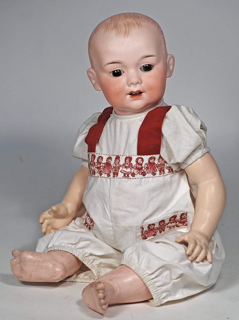 GERMAN BISQUE CHARACTER, 326, BY MARSEILLE.: 154. GERMAN BISQUE CHARACTER, 326, BY MARSEILLE. 17”. Marks: Germany 326 A. 6 M. Solid dome bisque socket head, painted hair, large brown sleep eyes, painted lashes, feathered brows, open mouth,