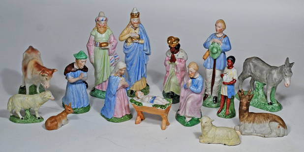 GERMAN BISQUE NATIVITY SET: 144-A. GERMAN BISQUE NATIVITY SET. 6&rdquo; (largest figure). Marks: Germany. Each is all-bisque figure with sculpted and painted features and costumes, includes Joseph, Mary, Wise Men, shepherds, bab