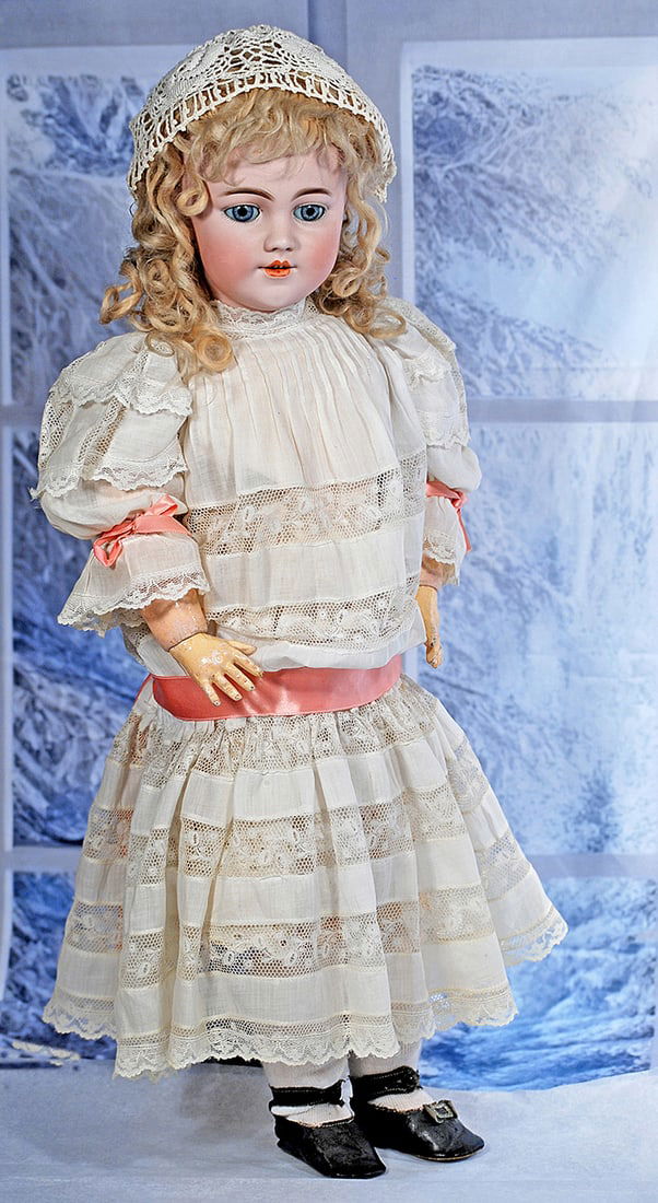 SIMON & HALBIG MOLD 1249, BISQUE CHILD WITH ORIGINAL WIG: 23” S & H 1249 Dep Germany 11 ½ Bisque socket head, blue spiral-threaded sleep eyes, painted lashes, eyeliner, feathered brows, open mouth, accented lips with additional detail on lower l