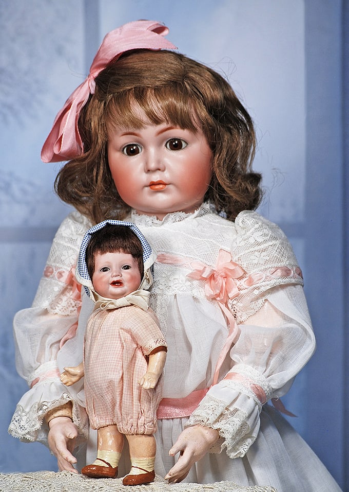 GEORGENE AVERILL BISQUE BONNIE BABE - RARE VARIATON WITH TODDLER BODY 7”: 7” Marks 1393/ 76/ Germany Bisque socket head, brown sleep eyes, painted lashes, tinted brows, chubby