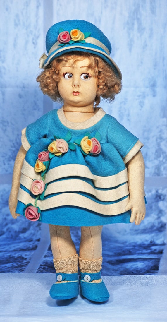 ITALIAN FELT DOLL BY LENCI 13”: 13” Marks Lenci cardboard tag sewn under skirt Pressed felt swivel head on five-piece jointed felt bod