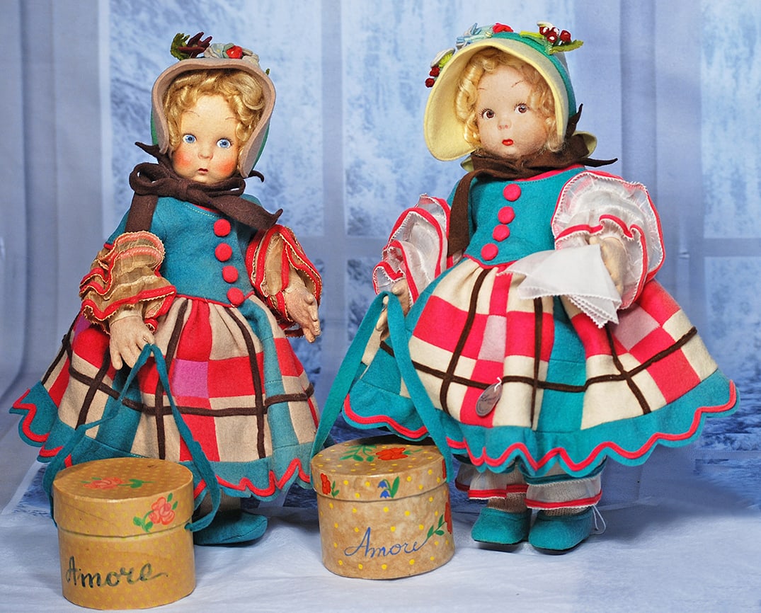 ITALIAN FELT DOLL WITH HAT BOX BY LENCI 12”: 12” Marks Lenci (paper label) Felt swivel head with pressed and painted facial features, very chubby ch