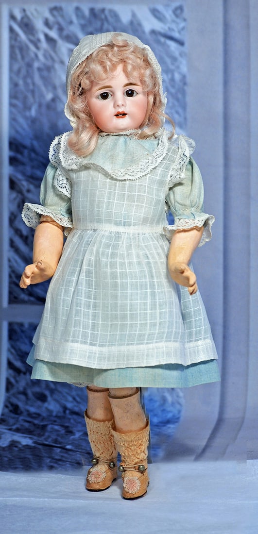 GERMAN BISQUE CHILD, 949, BY SIMON AND HALBIG 14”: 14” Marks S H 5 949 Bisque socket head, brown sleep eyes, painted lashes, feathered brows, open mouth