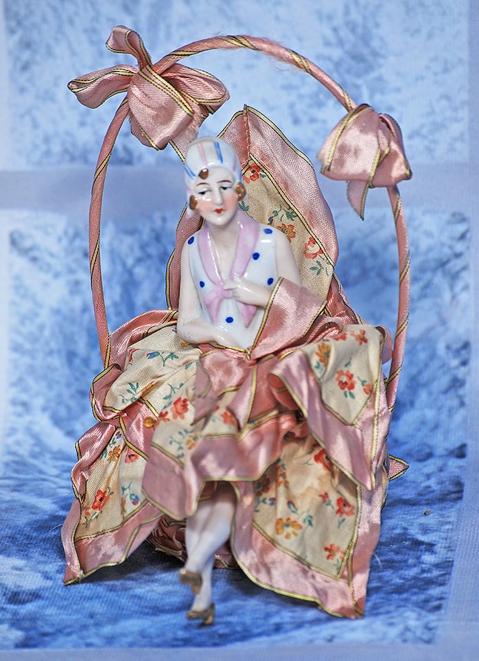 GERMAN PORCELAIN HALF DOLL LADY IN ORIGINAL COSTUME   6 ½”; doll 3” (1 of 1)