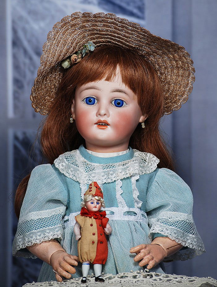 FRENCH BISQUE DOLL ‘MON TRESOR’ BY HENRI ROSTAL 19”: 19” Marks 38 Mon Tresor Bisque socket head, stationary blue glass eyes, painted lashes, feathered brow