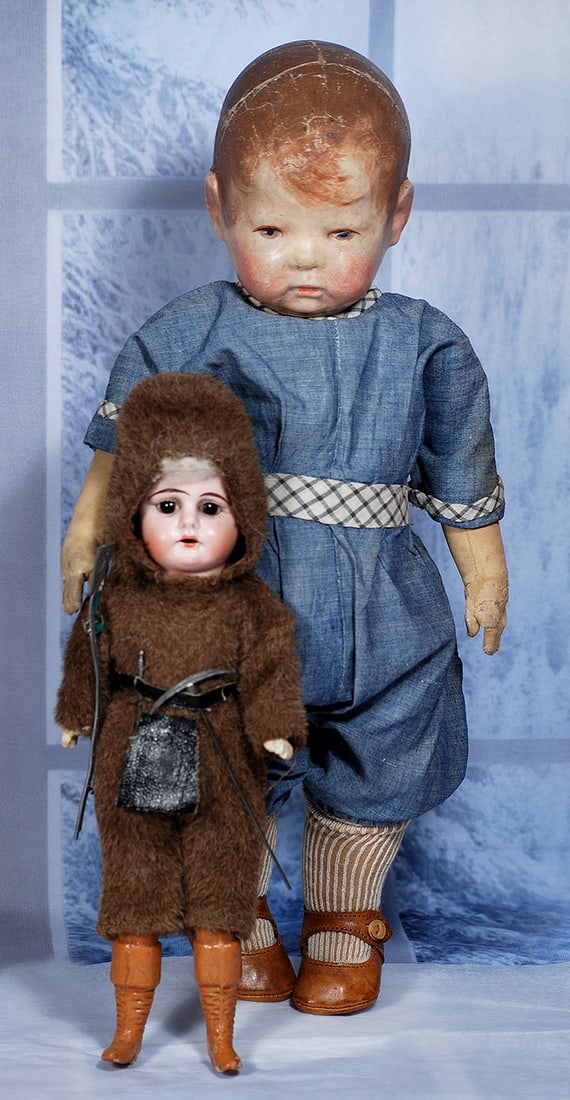 GERMAN BISQUE DOLL AS ‘KLONDIKE BOY’ BY ERNST HEUBACH 11”: 11” Marks Heubach Kopplesdorf, horse shoe symbol, 1900 Bisque socket head, stationary brown glass eyes