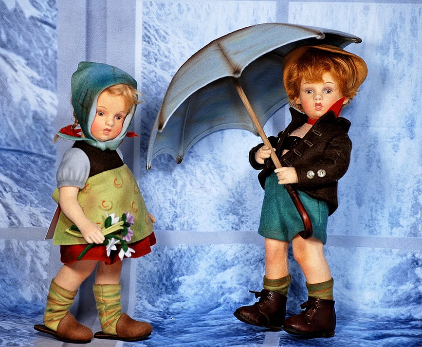 R JOHN WRIGHT ‘MARTA’: JOHN WRIGHT ‘MARTA’ 11 ½” Pressed all-felt doll with hand painted features, brown eyes, painted lashes, closed mouth, mohair wig, jointed felt body, wears felt costume, head sca