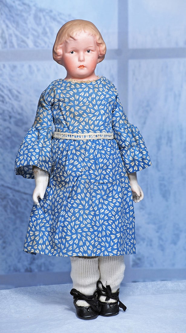 RARE GERMAN BISQUE POUTY, 8547, BY GEBRUDER HEUBACH 12”: 12” Marks 2 /0 D Heubach (in square) 8547 Bisque shoulderhead, sculpted light brown hair with soft wa