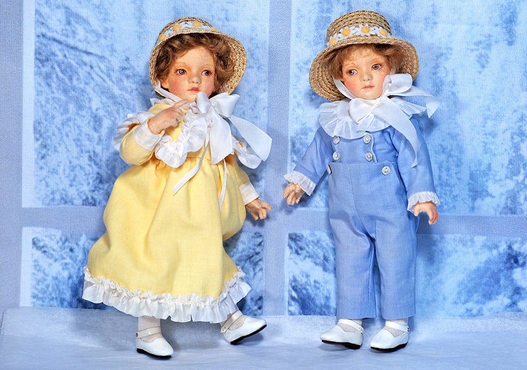 R JOHN WRIGHT KATE GREENAWAY SERIES “MOLLY AND JACK”: JOHN WRIGHT KATE GREENAWAY SERIES “MOLLY AND JACK” 8 ½” Each is all-felt doll with pressed and painted features, brown eyes, upper lashes, closed mouth, light brown mohair wig,