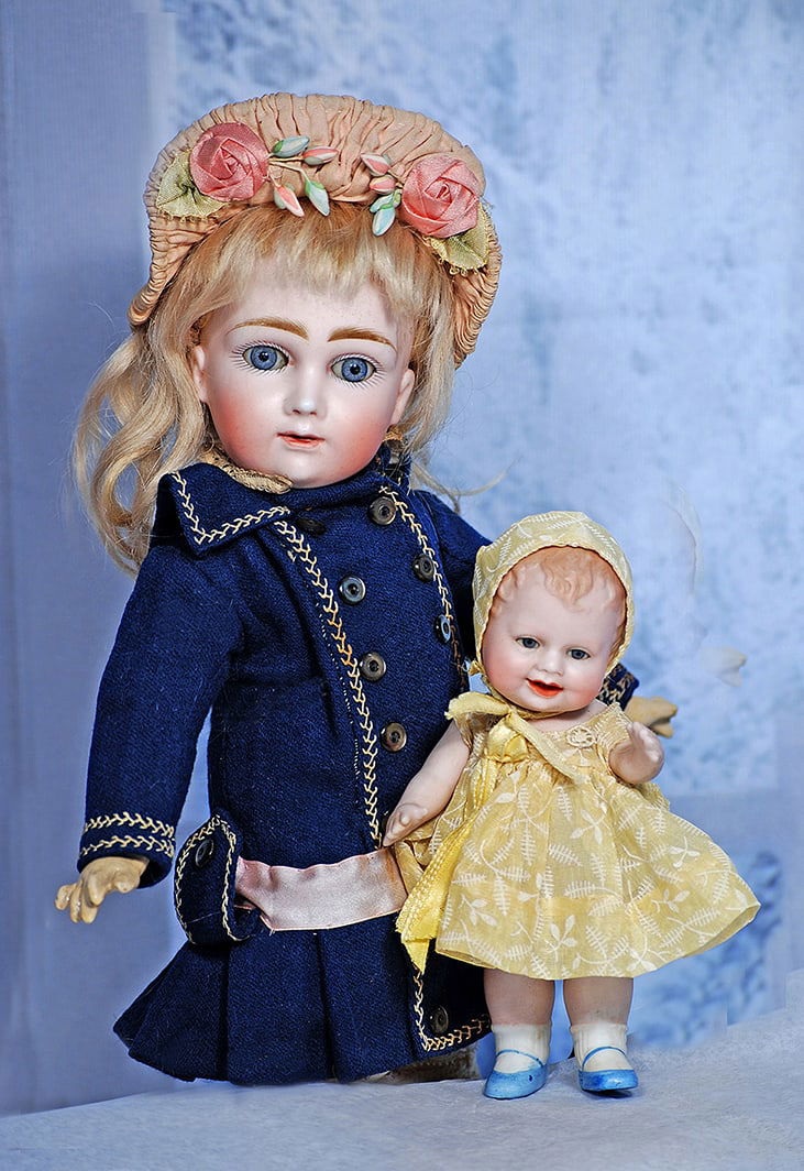 GEORGENE AVERILL ALL-BISQUE BISQUE BONNIE BABE TODDLER 5”: 5” Marks 79-5 Bisque socket head, blue sleep eyes, painted lashes, tinted brows, chubby cheeks, open/c