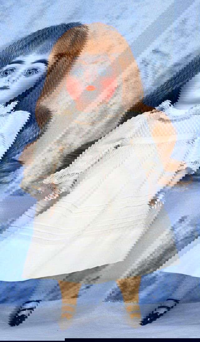 LARGE GERMAN ALL-BISQUE DOLL WITH YELLOW STOCKINGS   9” (1 of 1)