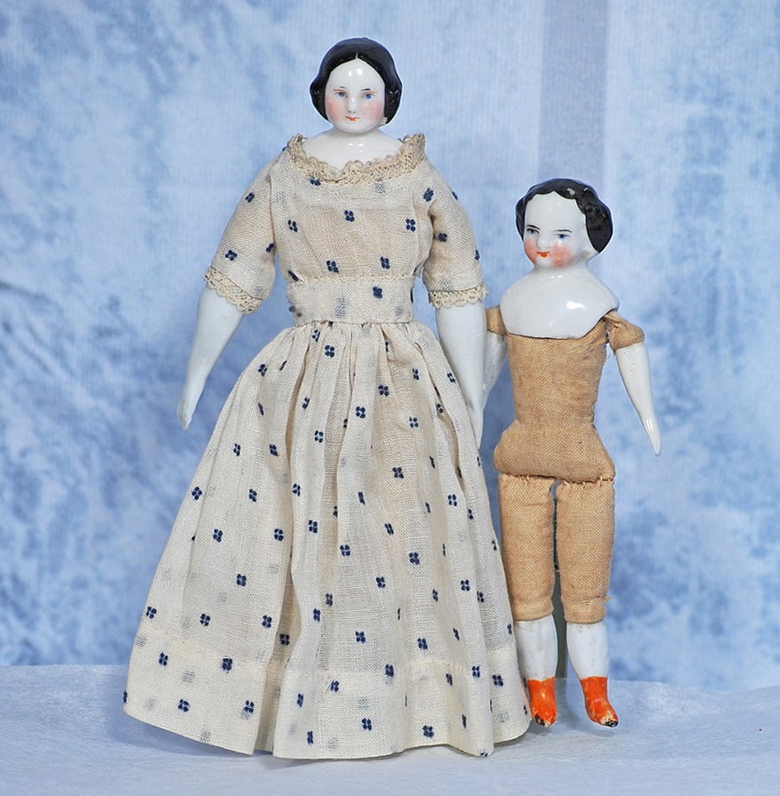 TWO GERMAN PORCELAIN DOLLHOUSE DOLLS   6” and 4 ½” (1 of 1)