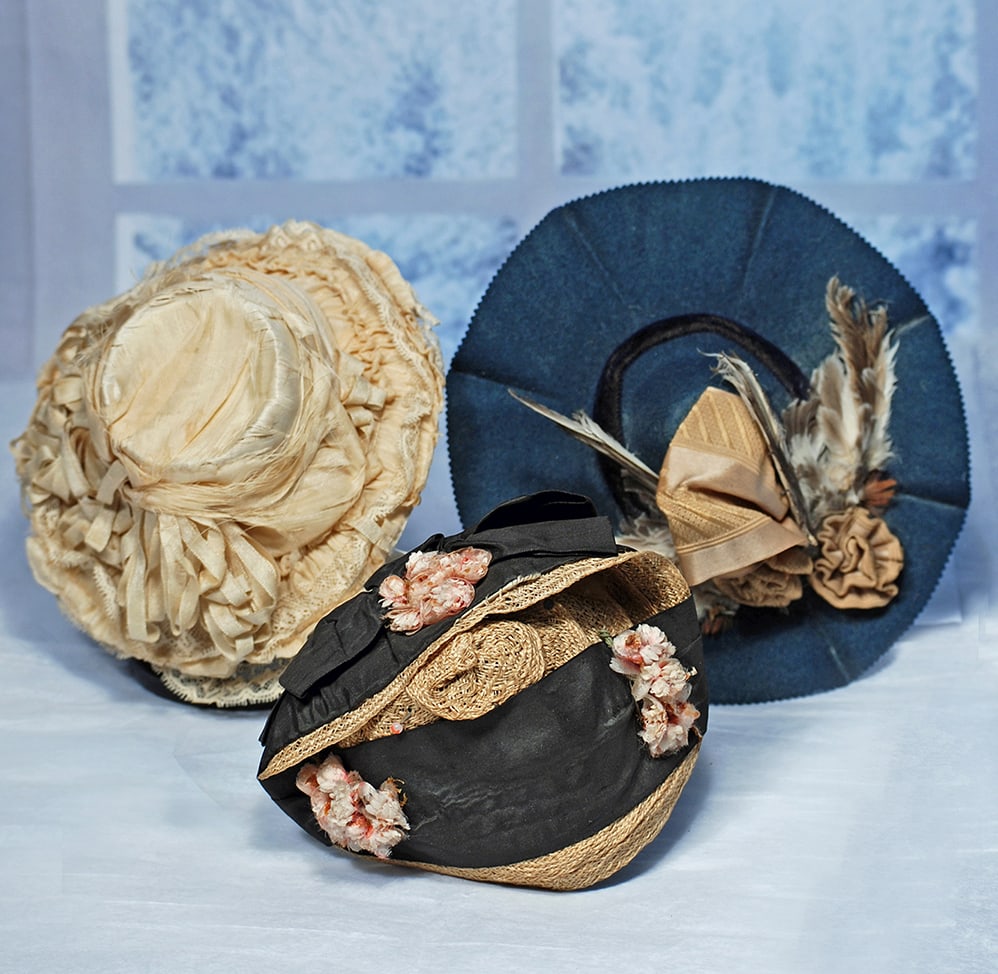 THREE ANTIQUE DOLL BONNETS   Woven natural straw bonnet with upturned brim, wide black silk taffeta (1 of 1)