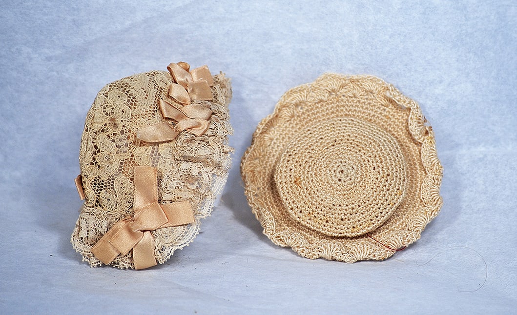 TWO DOLL BONNETS FOR MINIATURE DOLLS   Ivory all-lace bonnet with ruffled brim trimmed with pink (1 of 1)