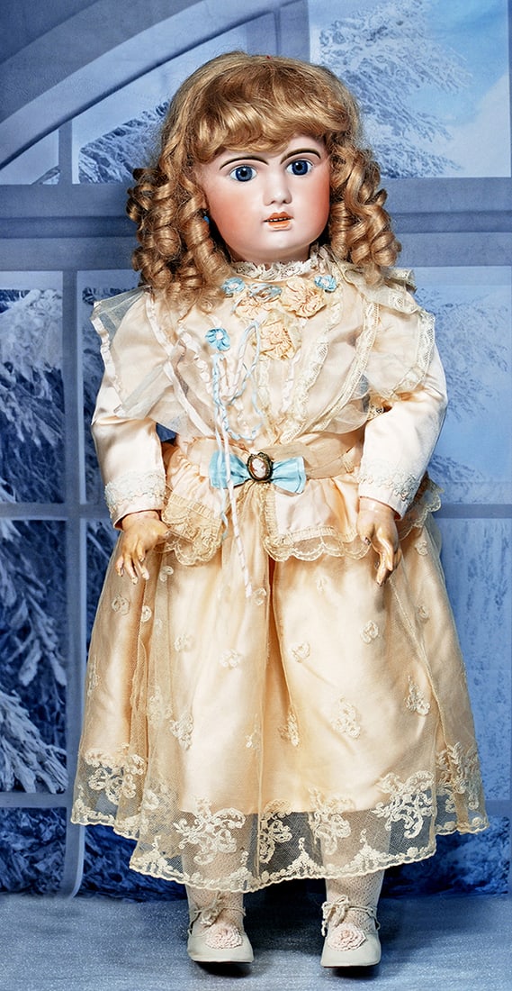 LARGE FRENCH BISQUE BEBE 1907 BY JUMEAU 31”: 31” Marks 1907 Bisque socket head, blue paperweight eyes, eyeliner, painted lashes, feathered and brus