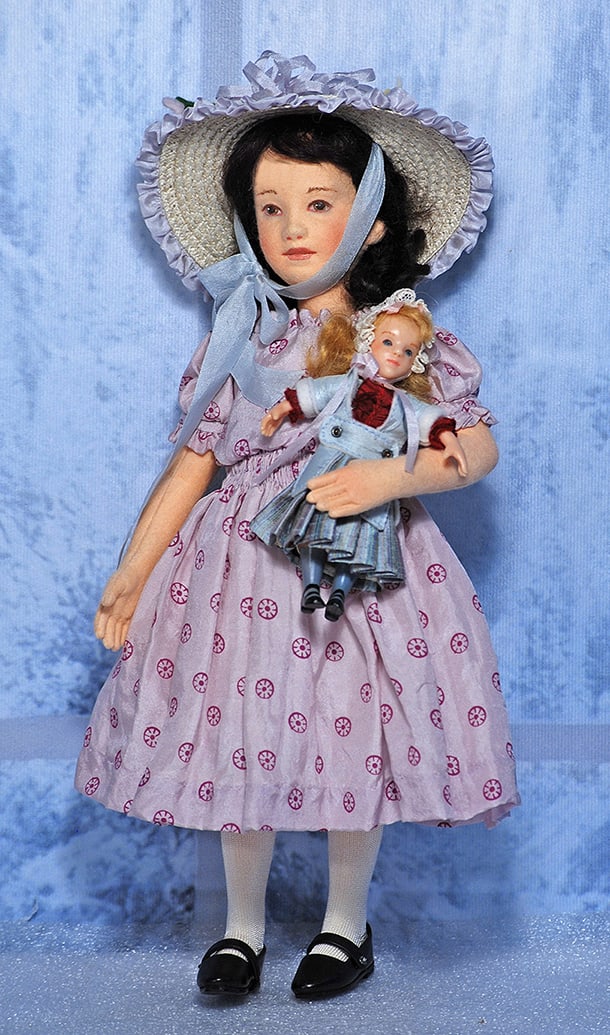 R JOHN WRIGHT “GENEVIEVE”: JOHN WRIGHT “GENEVIEVE” 12” All-felt with pressed and painted features, brown eyes, upper lashes, closed mouth, brunette mohair wig, jointed felt body, wears a dainty silk print froc