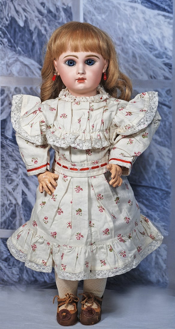 FRENCH BISQUE BEBE BY JUMEAU 19”: 19” Marks Tete Jumeau Depose Bte SGDG 8 Bisque socket head, blue paperweight eyes, eyeliner, painted l