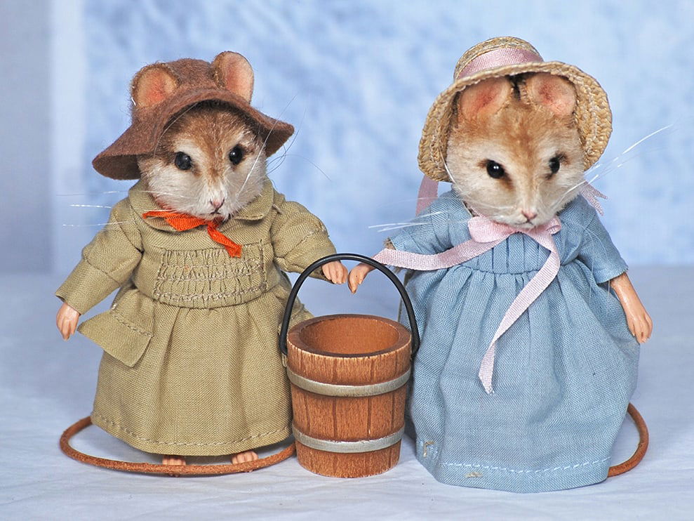 R JOHN WRIGHT “JACK AND JILL” MICE SET: JOHN WRIGHT “JACK AND JILL” MICE SET 3” Each is designed in mouse form of fine quality mohair, jointed at neck and shoulders, inset glass eyes, whiskers, resin hands and feet, leathe
