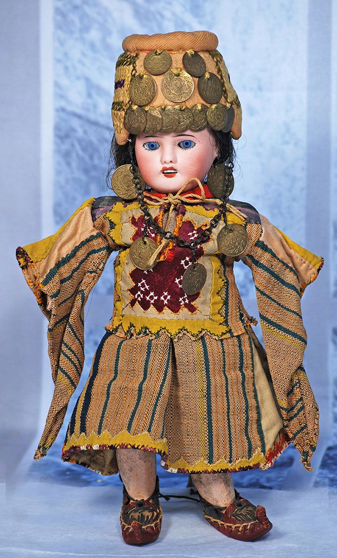 PETITE FRENCH BISQUE DOLL BY LIMOGES 10”: 10” Marks Limoge France 1 Bisque socket head, blue sleep eyes, painted lashes, lightly feathered brows