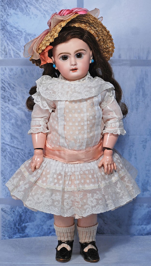 FRENCH BISQUE BEBE BY JUMEAU WITH SLEEP EYES 17”: 17” Marks Depose Tete Jumeau Bisque socket head, brown sleep eyes, painted lashes, feathered brows, r