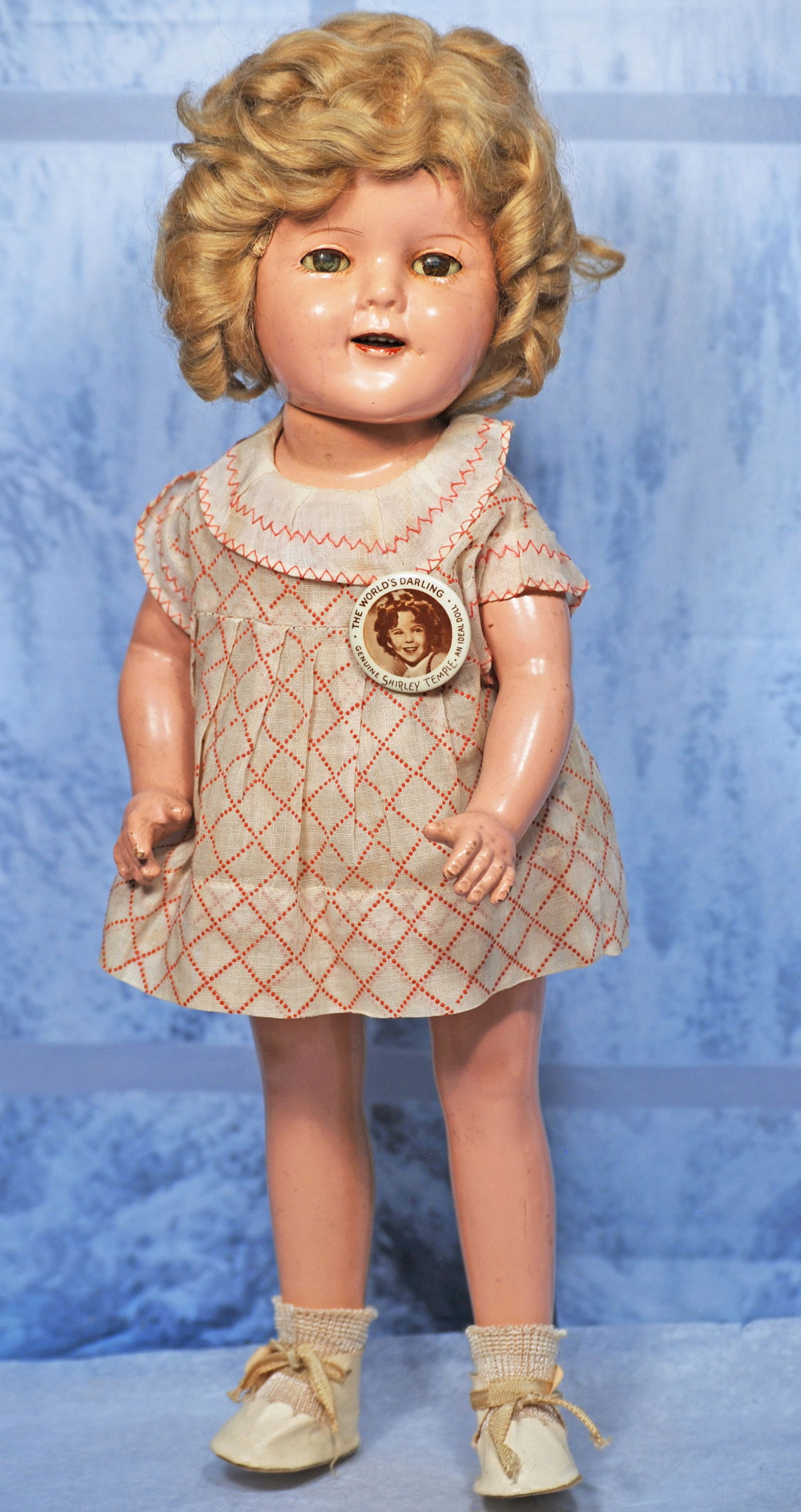 COMPOSITION SHIRLEY TEMPLE BY IDEAL 15”: 15” Marks Shirley Temple (head and body) Composition socket head, five-piece jointed composition body,