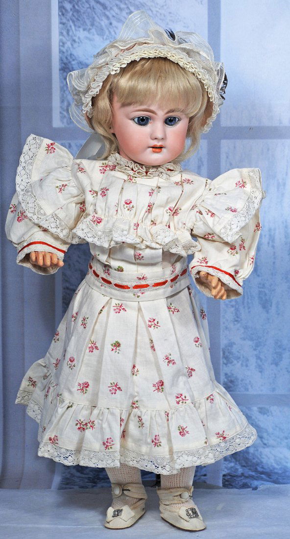FRENCH BISQUE BEBE BY JUMEAU: FRENCH BISQUE BEBE BY JUMEAU. 19”. Marks: Dep 8. Bisque socket head, blue paperweight eyes, painted lashes, eye liner, feathered brows, pierced ears, open mouth, accented lips, upper teeth, blon