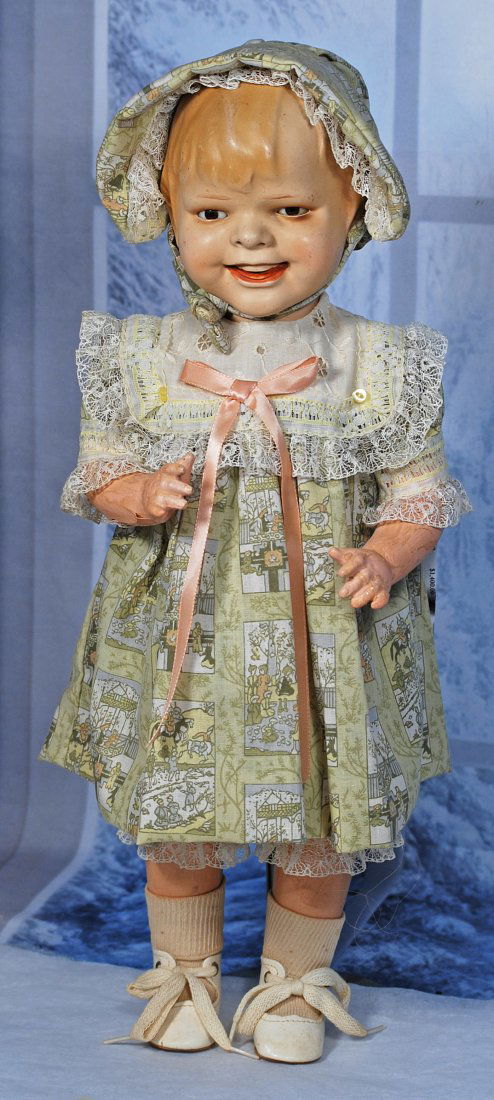 GERMAN EARTHENWARE CHARACTER DOLL "GLADDIE": GERMAN EARTHENWARE CHARACTER DOLL "GLADDIE". 17". Marks: Gladdie copyright by Helen Jensen. Earthenware flanged head with sculpted hair, brown sleep eyes, closed mouth modeled as though open with row