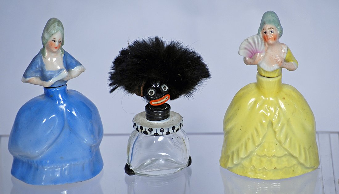 THREE ANTQUE GLASS AND PORCELAIN PERFUME BOTTLES. (1 of 1)