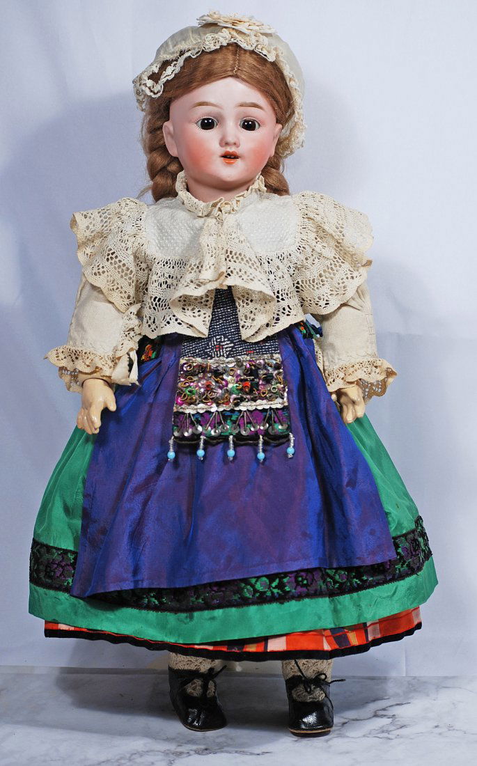 GERMAN BISQUE CHILD BY SCHOENAU AND HOFFMEISTER.: 93. GERMAN BISQUE CHILD BY SCHOENAU AND HOFFMEISTER. 18”. Marks: Germany 5800, S star symbol PBH. Bisque socket head, brown sleep eyes, painted lashes, feathered brows, open mouth, upper teeth,