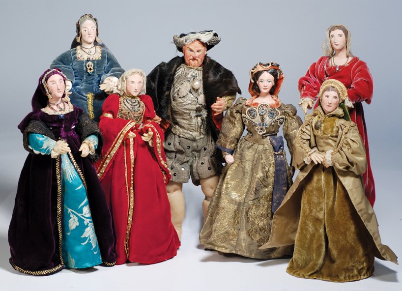 SET OF TUDOR DOLLS - “KING HENRY VIII & HIS SIX WI: SET OF TUDOR DOLLS - “KING HENRY VIII & HIS SIX WIVES” BY ENGLISH ARTIST ALICE SMITH. Marks: Clothing tagged Kimcraft Dolls, Independence, MO. (indicates dolls created by Alice Smith for Kimport D