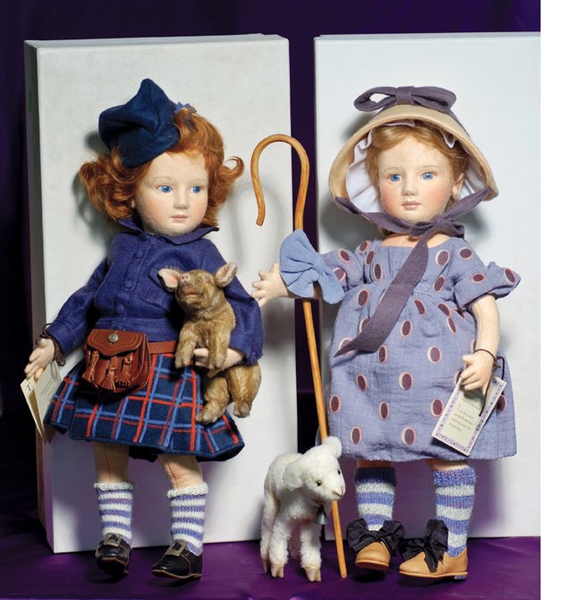 R. JOHN WRIGHT “LITTLE BO PEEP”.: R. JOHN WRIGHT “LITTLE BO PEEP”. 17”. Felt doll with swivel head, pressed and painted facial features, blue eyes, brown lashes and brows, closed mouth, light brown mohair wig, jointed arms and l
