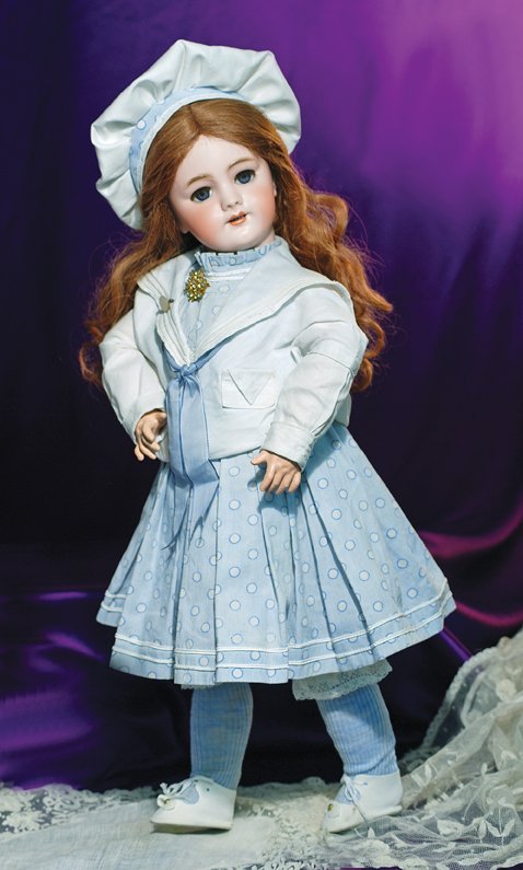 FRENCH BISQUE DEP BEBE WITH TETE JUMEAU STAMP: FRENCH BISQUE DEP BEBE WITH TETE JUMEAU STAMP. Marks: Dep (incised); Tete Jumeau (red stamp). 22”. Bisque socket head, blue sleep eyes, applied upper lashes, painted lower lashes, feathered brows, p