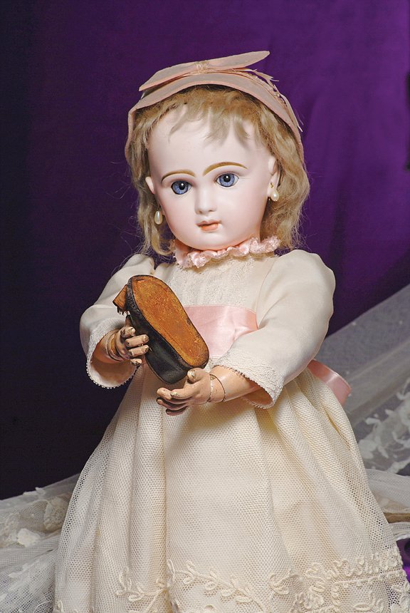FRENCH BISQUE BLUE-EYED BEBE BY JUMEAU: FRENCH BISQUE BLUE-EYED BEBE BY JUMEAU. Marks: Tete Jumeau Depose Bte SGDG 9. 20”. Bisque socket head, blue paperweight eyes, painted lashes, dark eyeliner, feathered and brushstroked brows, closed 